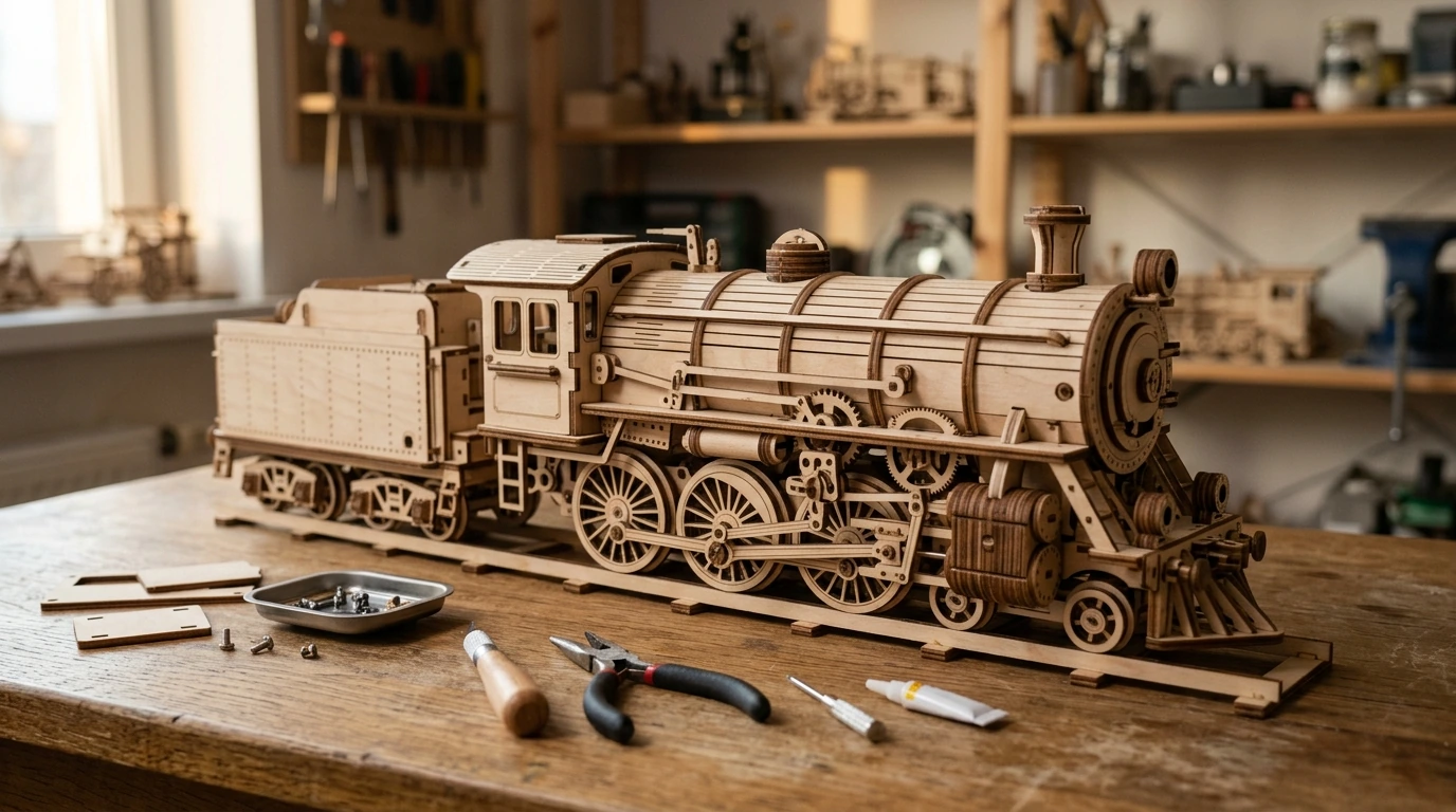 Motorized 3D Wooden Steam Locomotive Puzzle for Adults