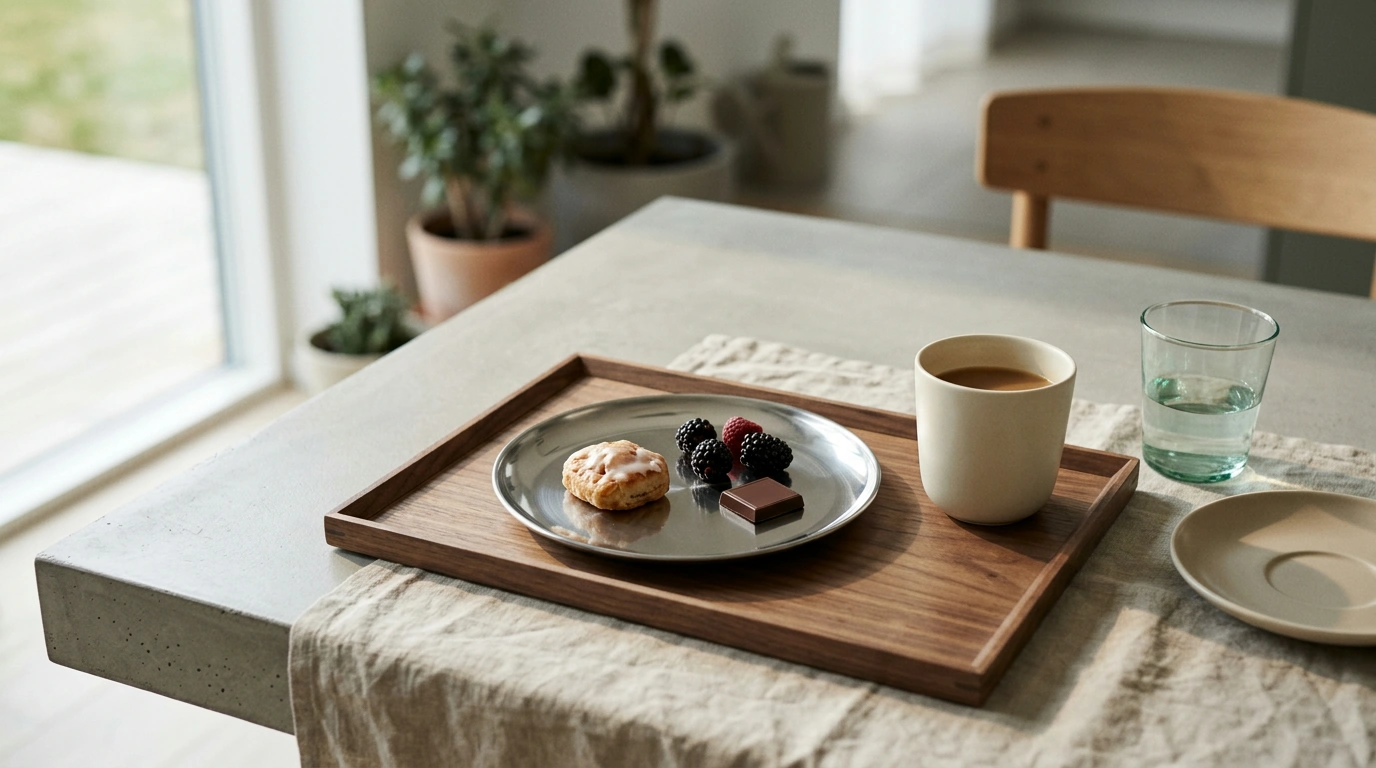 Nordic Dessert Plate Set: Stainless Steel + Walnut Tray